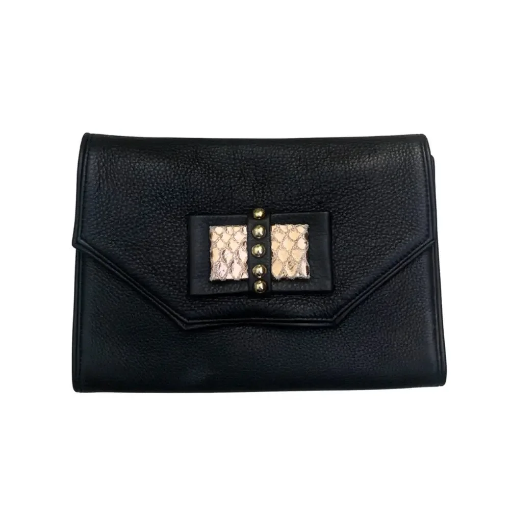Posse Black Leather Crossbody Bag Clutch Metallic Bow Envelope Coquette Romantic - Picture 9 of 12